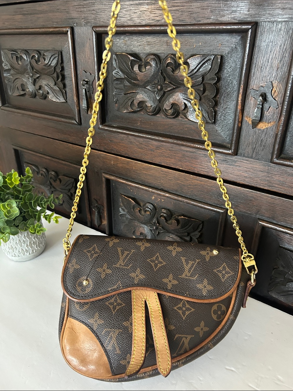 Beautiful Brown Monogram Saddle Bag with Gold Chain Strap